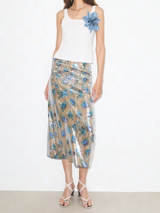 Tory Burch Dresses & Skirts - NWT Tory Burch Sequin Floral Skirt in Blue Roses